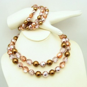 Vintage Glass Beads 2 Multi Strand Necklace 3 Strand Bracelet Set Pink Copper