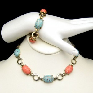 Vintage Necklace Bracelet Set Mid Century Blue Orange Beads Chunky Speckled Bold Colorful