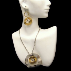 Vintage Bold Modernist Two Tone Curved Circles Necklace Earrings Set