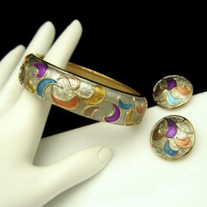 KRAMER Vintage Bangle Bracelet Earrings Mid Century Cloisonne Enamel Set