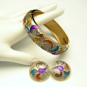 KRAMER Vintage Bangle Bracelet Earrings Mid Century Cloisonne Enamel Set
