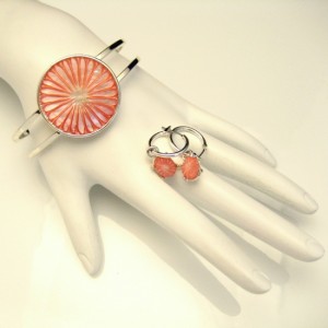 MONET Vintage Bracelet Earrings Mid Century Pink Mother of Pearl Set Carved MOP Hoop Dangles