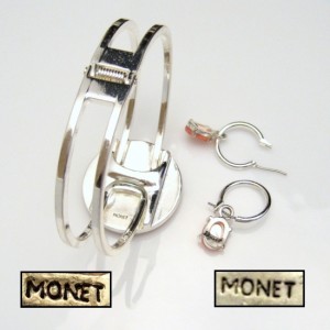 MONET Vintage Bracelet Earrings Mid Century Pink Mother of Pearl Set Carved MOP Hoop Dangles