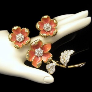 NOLAN MILLER Vintage Brooch Pin Earrings Coral Enamel Rhinestones Set Flowers Gorgeous