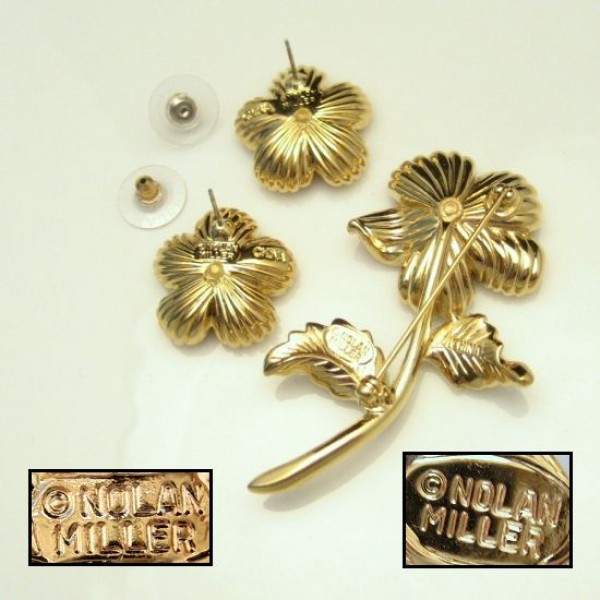 NOLAN MILLER Vintage Brooch Pin Earrings Coral Enamel Rhinestones 