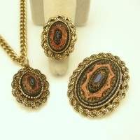 Mid Century Mosaic Designer Vintage Pendant Brooch Ring Set Large Convertible Lovely Colors