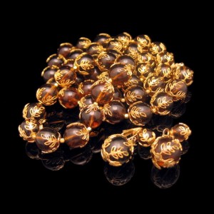 CROWN TRIFARI Vintage Necklace Bracelet Earrings Mid Century Amber Lucite Set Filigree Beads