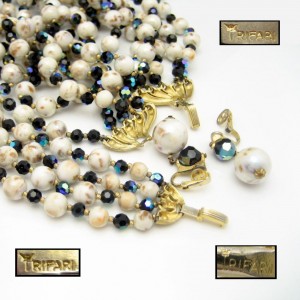 Crown Trifari Mid Century Rare 5 Strand Vintage Necklace Bracelet Earrings Blue AB Crystals