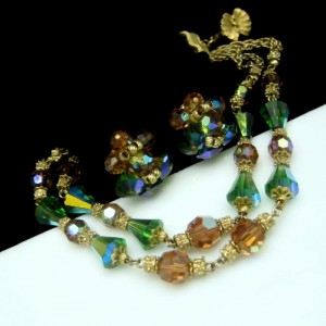 Vendome Green Topaz AB Crystal 2 Strand Vintage Necklace Earrings Set Glamorous