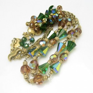 Vendome Green Topaz AB Crystal 2 Strand Vintage Necklace Earrings Set Glamorous