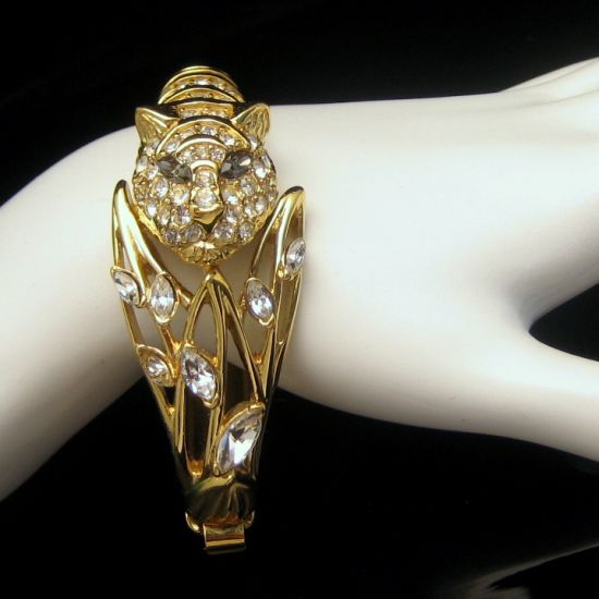 TRIFARI Tiger Bangle Bracelet Pave Set Rhinestones Gray Marquise Eyes from myclassicjewelry.com