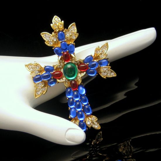 TRIFARI Large Cross Brooch Pin Pendant Blue Red Green Glass Stones, Dated from myclassicjewelry.com