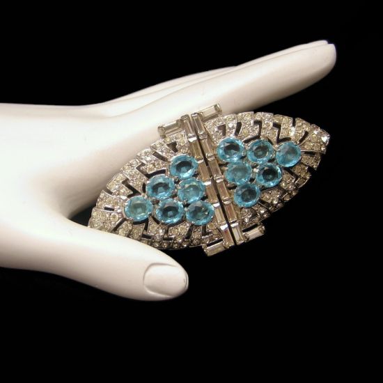 CROWN TRIFARI Clipmates Dress Clips Pin Brooch Aqua Stones from myclassicjewelry.com