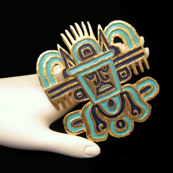 Vintage CROWN TRIFARI Large Blue Green Enamel Tribal Mask Brooch Pin Pendant from myclassicjewelry.com