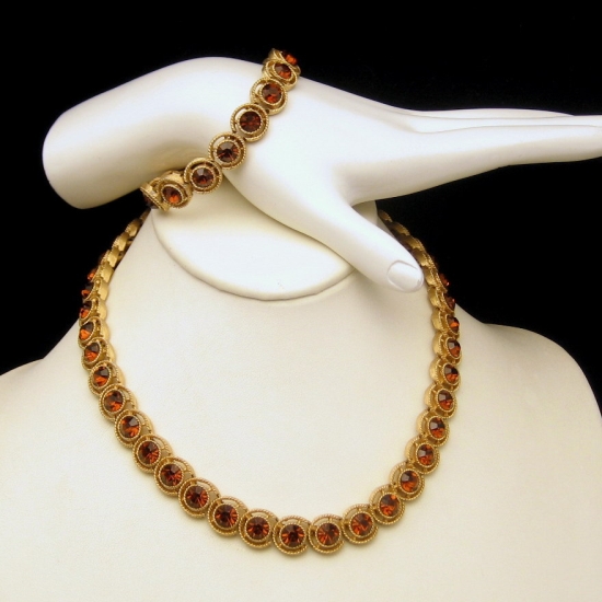 CROWN TRIFARI Goldtone Topaz Rhinestones Necklace Bracelet Set from myclassicjewelry.com
