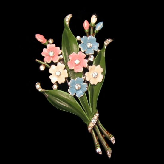 CROWN TRIFARI 1940 Vintage Fur Clip Pastel Enamel Rhinestone Flowers from myclassicjewelry.com