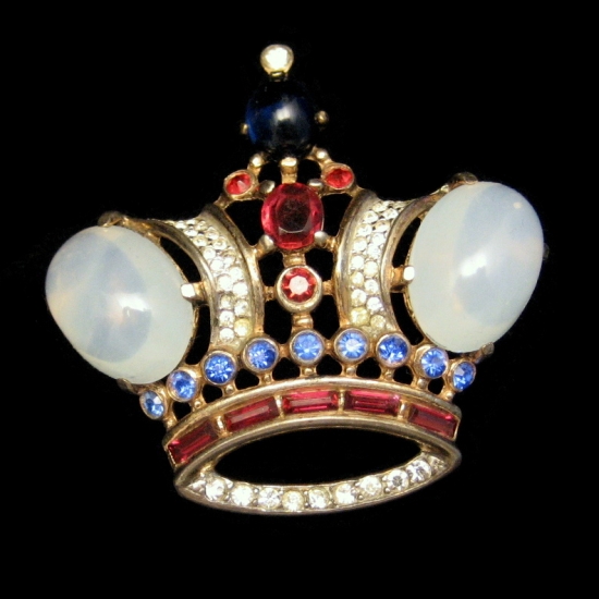 TRIFARI Large Vintage Crown Brooch Pin Jelly Rhinestones Red Blue Green from myclassicjewelry.com
