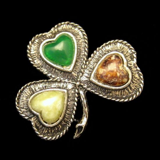 Vintage Faux Agate Art Glass Hearts Clover Brooch from myclassicjewelry.com