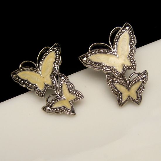 Vintage Large Yellow Enamel Double Butterfly Post Earrings from myclassicjewelry.com