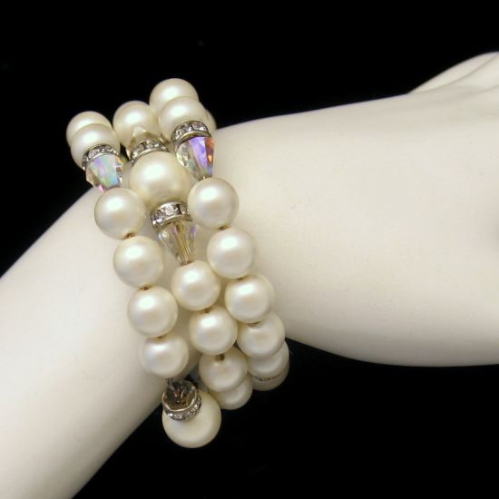 Vintage Bracelet Gorgeous Faux Pearl Rhinestone Rondelle AB Crystals