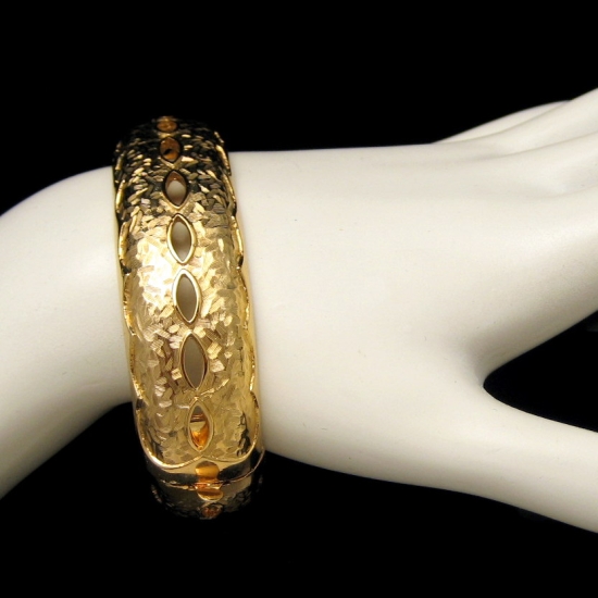 MARVELLA Vintage Wide Bangle Bracelet High End NOS Goldtone Cutouts Textured