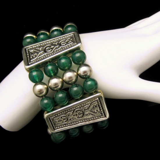 Vintage Extra Wide 4 Strand Egyptian Bracelet Green Lucite Beads Engraved Panels