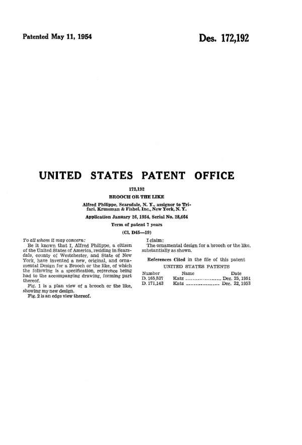 Trifari Patent 172192, Page 2