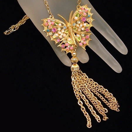 Signed ART Vintage Rhinestones Tassels Butterfly Necklace from myclassicjewelry.com
