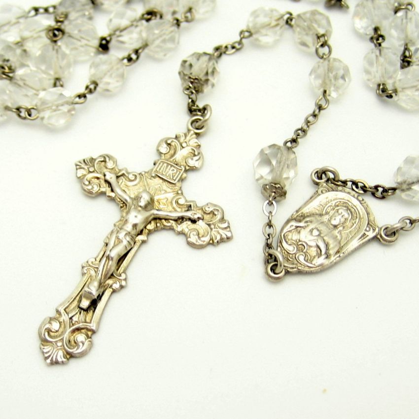 Vintage STERLING Silver Crystal Beads Rosary Sacred Heart OLMC Virgin ...