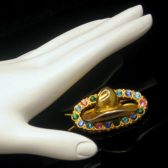 Vintage Hair Barrette Mid Century Cowgirl Cowboy Hat Colored Rhinestones