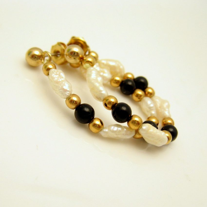 Vintage Freshwater Pearls Faux Onyx Beads Earrings Gold Plated Posts ...