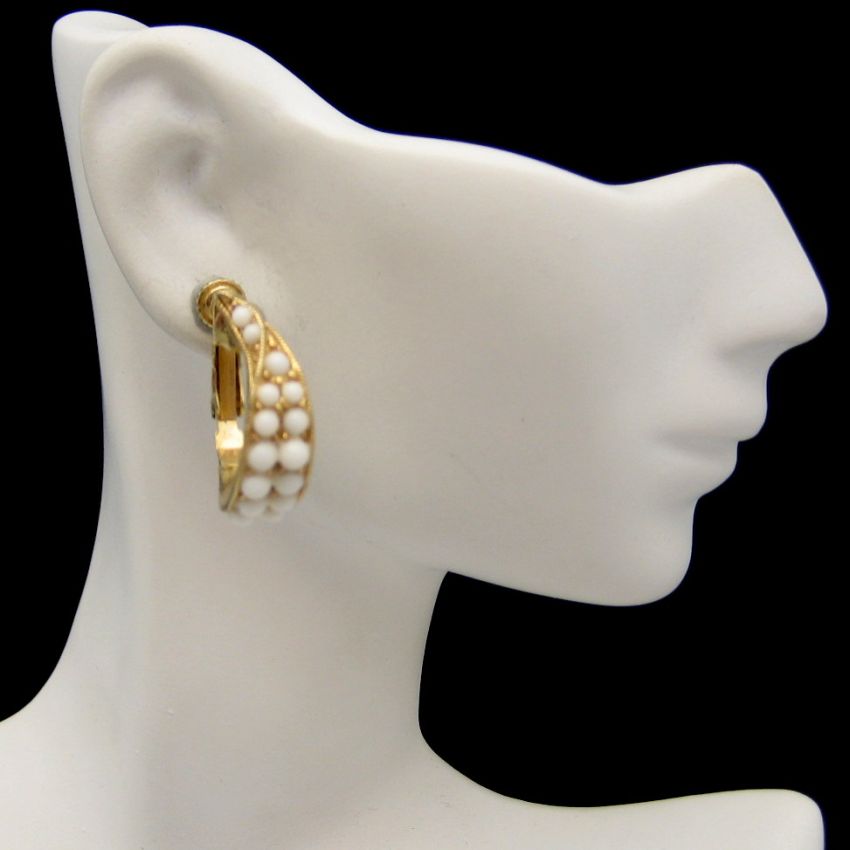 NAPIER White Milk Glass Beads Hoop Clip Earrings Vintage Statement ...