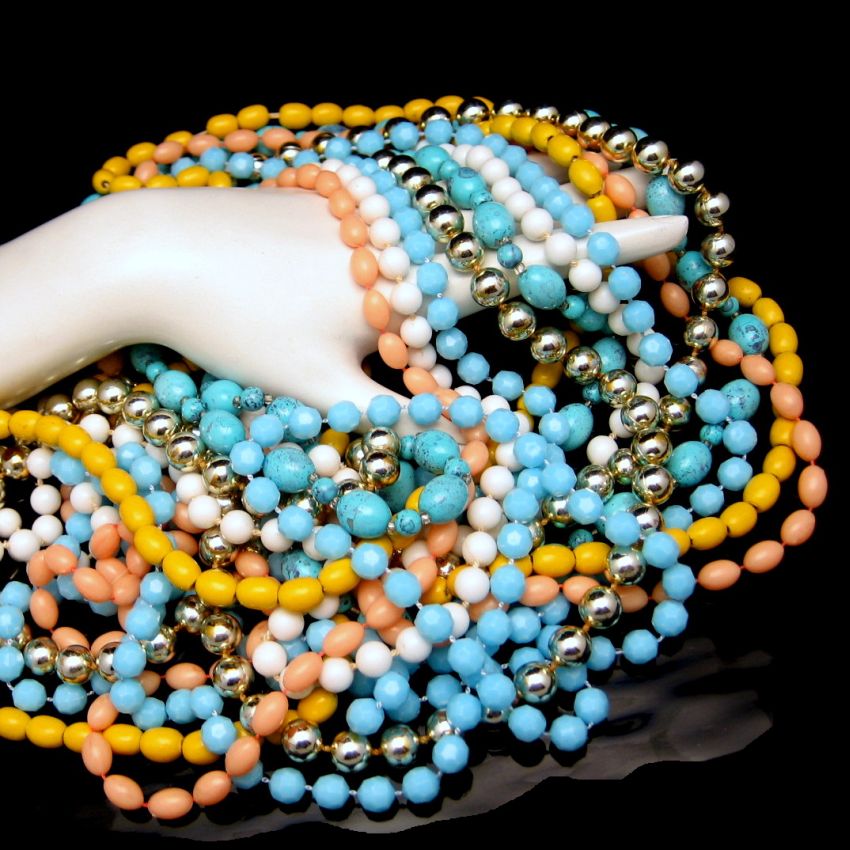 Vintage Jewelry Lot 6 Very Long Bead Necklaces Various Colors