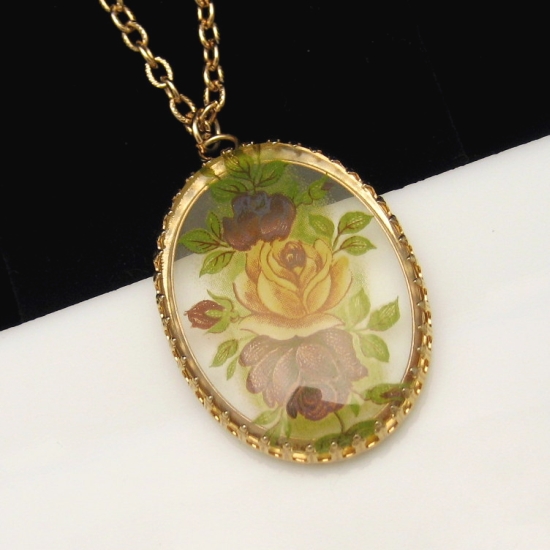 Vintage Large Reverse Lucite Pendant Necklace Oval Red Roses Long Chain ...