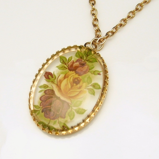 Vintage Large Reverse Lucite Pendant Necklace Oval Red Roses Long Chain ...