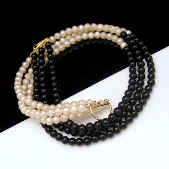 MONET Vintage Necklace 3 Multi Strands Black White Creamy Faux Pearls ...
