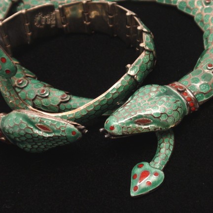 Taxco Sterling Silver Enamel Snake Set Necklace Bracelet Earrings from myclassicjewelry.com