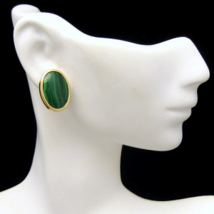 Vintage High Quality 14K Gold Malachite Oval Pierced Earrings Sleek Design