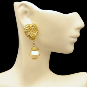 Vintage Earrings Mid Century Filigree Heart Baroque Faux Pearls Dangles Chunky Love Sweet