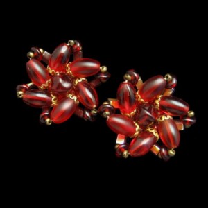 Vintage Clip Earrings Mid Century Large Red Glass Beads Gorgeous Color Bold Chunky