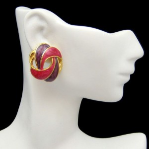 Vintage Post Earrings Red Purple Enamel Elegant Ribbon Swirls Gold Plated