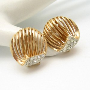 Vintage Rhinestone Clip Earrings Mid Century Rose Goldtone Open Circles High Quality