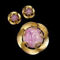 MARVELLA Vintage Brooch Pin Earrings Mid Century Purple Art Glass Swirls Set Matte Goldtone