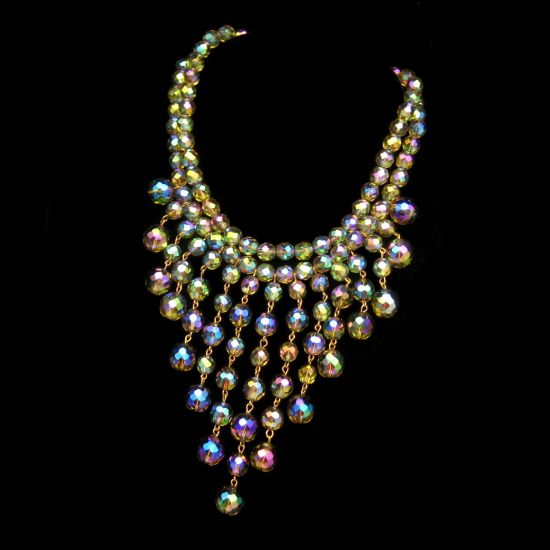 Vintage Fringe Bib Necklace 2 Strands Large AB Crystal Beads from myclassicjewelry.com
