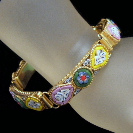 Gorgeous Vintage Micro Mosaic Yellow Blue Pink Flowers Link Bracelet from myclassicjewelry.com
