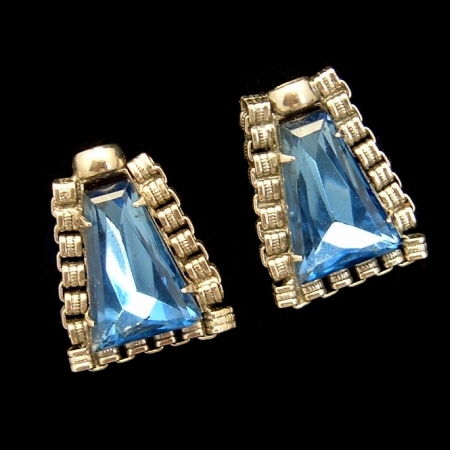 Vintage Large Blue Glass Earrings Modified Book Chain Trim from myclassicjewelry.com